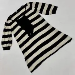 ボーダー チュニック カットソー 5分袖 フリル付き ブラック×ベージュ M