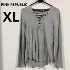 【PINK REPUBLIC】XL グレー レースアップ Vネック長袖Tシャツ