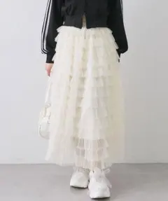 【即納】フリルチュールスカート 無地 ティアード フレア Aラインロングスカート