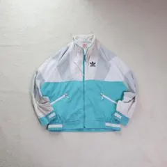 90s adidas ナイロンジャケット トレフォイル刺繍 ターコイズ L相当
