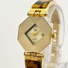 【稼働】heel クォーツ ゴールドカラー カットガラス べっ甲風 レディース