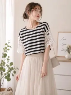 BEAMS HEART ボーダー レース袖 半袖トップのサムネイル