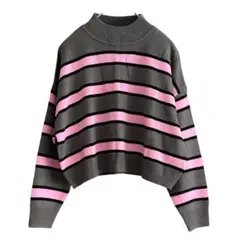 H&M エイチアンドエム　ボーダーニット クロップド丈　グレー　ピンク　Lサイズ