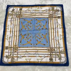 【美品】絹100% 日本製 馬具柄/チェーン柄 スカーフ 52cm ネイビー
