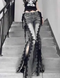 Y2K レースアップ フレアデニムパンツ グレー M