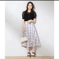 Ferouxグレーとホワイトのチェックフレアスカート バックリボン