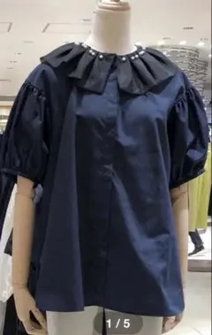 ANAYI 24SS サッカーストレッチペプラム ブラウス ネイビー 38アナイ