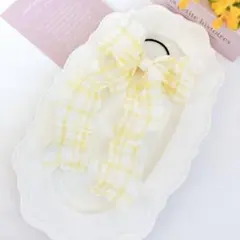 ハンドメイドキッズ足長たらりんリボンヘアゴム　イエロー系　チェック　くしゅくしゅ