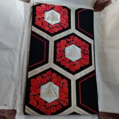 正絹 黒地　朱と金の刺繍 袋帯