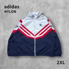 adidasトレフォイル刺繍 袖ロゴ 切替ナイロンJKTグレー 紺 赤2XL相当