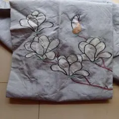 グレー 花柄刺繍 名古屋帯？　木蓮