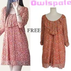 OWLSPALE　フリル　シフォン　七分袖　ワンピース　春コーデ　柿色　オレンジ