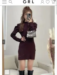 グレイル　GRL パワショルリブニットワンピース[rut378] ブラウン