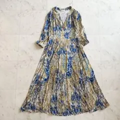 美品 ✨エジェリ 総柄ロングワンピース ブルー×イエロー　　花柄のサムネイル