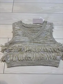 フリンジ付きベージュ系ニットベスト Lサイズ