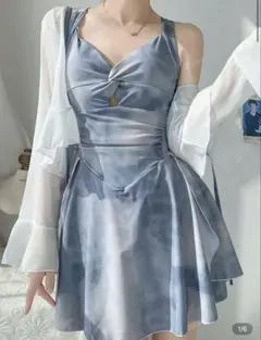 ブルー フレアスカート ワンピース水着