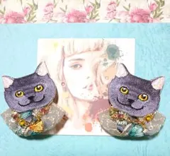 インド刺繍リボン　猫ちゃん　ピアスorイヤリング