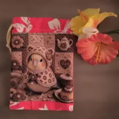 オカメインコ柄 巾着袋 ピンク リボンのサムネイル