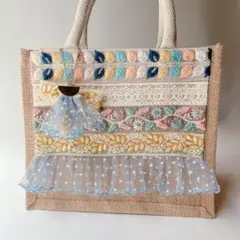 刺繍レース装飾ジュートトートバッグのサムネイル