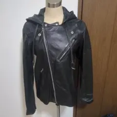 フード付き黒ブラック　ラムレザー　ライダースジャケット