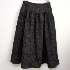 美品✨IEDIT イディット【M】ジャガード ギャザー フレアスカート 黒のサムネイル