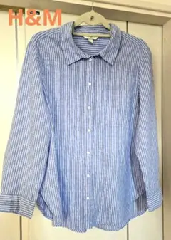 H&M ブルー×白　ストライプ ボタンアップシャツ　リネン50%