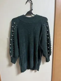 【中古】MURUA ダークグリーン ビーズニット 五分袖 サイズFREE