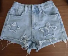 ライトブルー 星型ダメージショートパンツSHEIN女の子120