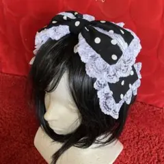 【ブラック×ホワイトドット大】リボンカチューシャ【手作り】