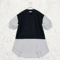 【しまむら】ストライプ切替 カットソー チュニック ブラック M 春夏