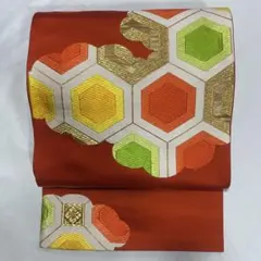アンティーク 袋帯 刺繍 金糸 雲 子持ち亀甲文様 六通 正絹 H432