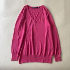 ラルフローレン　コットンＶネックニット　ロゴ ワンポイント刺繍　M ピンク