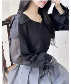 イング　袖シアー＆リボントップス