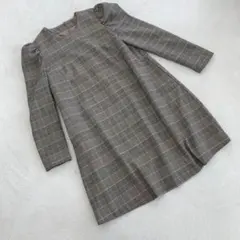 Emsexcite ワンピース チェック柄 長袖 パフスリーブ ベージュ M