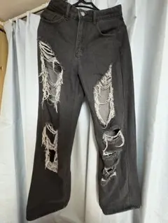 ダメージ加工 ダークグレー ワイドレッグデニム