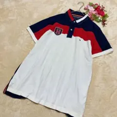 【TOMMY HILFIGER】カラーブロック ポロシャツ 半袖 白赤ネイビーＬ
