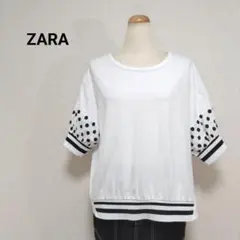 ZARA／Tシャツ 半袖／白 黒 水玉 ボーダー ホワイト異素材 ザラ