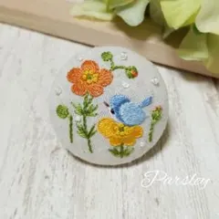 【No.32】ハンドメイド刺繍ブローチ　ポピー　青い鳥 ♡