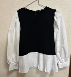 ZARA 黒白プリーツ長袖シャツ S