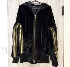 希少 美品アディダス ベロア スリーストライプ トラックジャケット フード 黒金