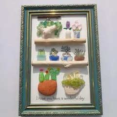 シーグラスアート・③観葉植物とサボテンと天然石お花・NO・L判サイズ