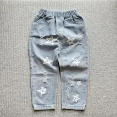 デニムパンツ 110-120星柄プリント ダメージ加工 ライトブルー