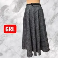 ベルト付 GRL グレイル チェック柄 フレアロングスカート M 灰 at885