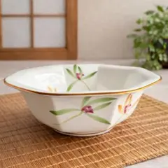 香蘭社 八角鉢 22cm ボーンチャイナ 有田焼 盛鉢 花柄 金彩のサムネイル