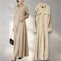 KBF＊ロングシャツワンピース ベージュ 【FREE】長袖 ウエスト切替