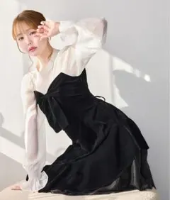 ベロアリボンロングワンピース ブラック×ホワイト / FREE