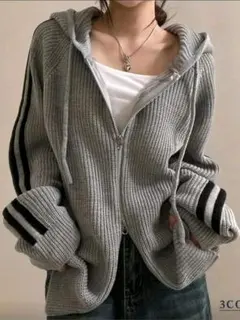 グレー リブ編み ジップアップフーディ