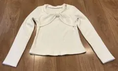 リボン付きホワイトリブ編み長袖トップス S