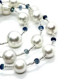 【南洋真珠】本真珠白蝶真珠パール＆サファイアネックレスK18金WG箔