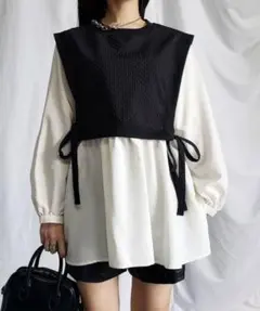 レイヤード風トップス ベストドッキングブラウスカットソー　ブラック ホワイト